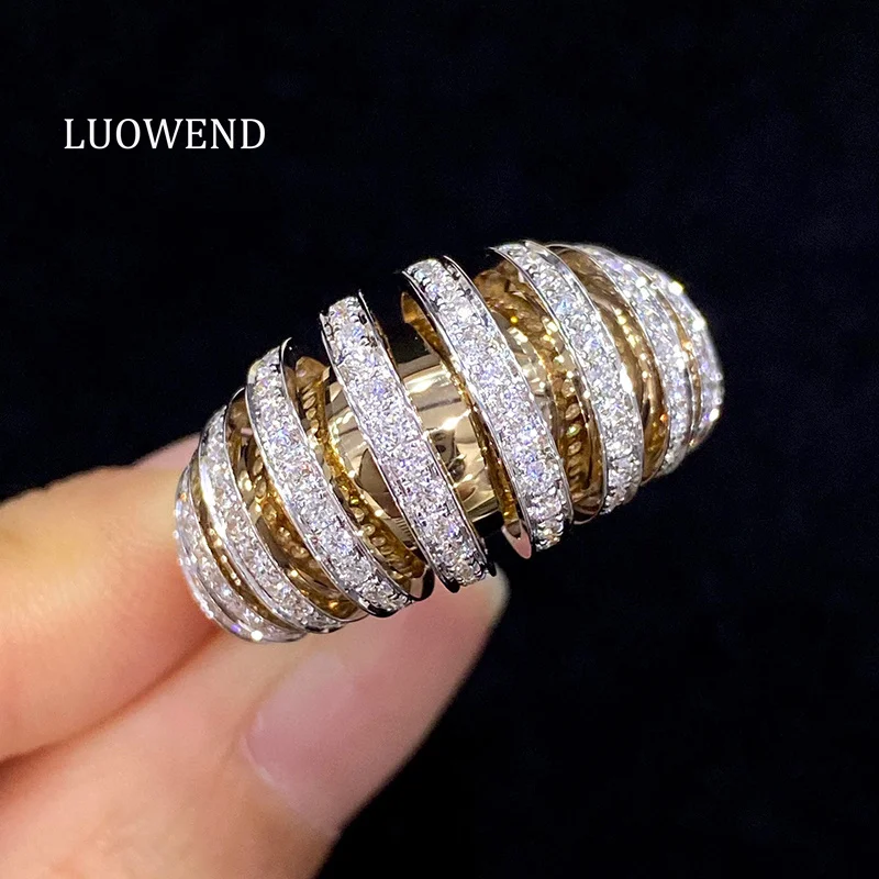 

LUOWEND 18K White&Yellow Gold Rings Luxury Croissant Design 0.95carat Real Natural Diamond Ring for Women High Party Jewelry