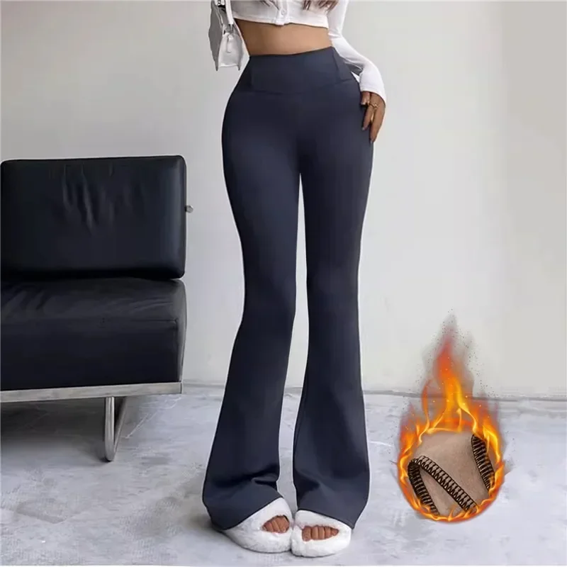 

High Qiality 2023 Winter Fleece Thicken Flared Pant Yoga Leggings Women Casual High-waisted Wide Leg Pants Plush Stretch Trouser