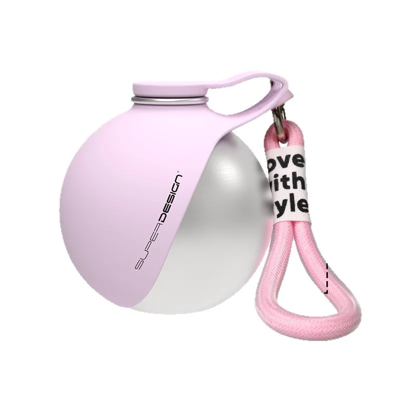 Portable Dog Water Bottle | 2-in-1 Water Bottle for Small Dogs - Leak-Proof A spherical light pink and silver metallic pet water bottle with a "SUPERDESIGN" logo. The bottle features a soft pink silicone leaf cover and a matching thick braided pink rope handle with "love with style" printed on a white tag.