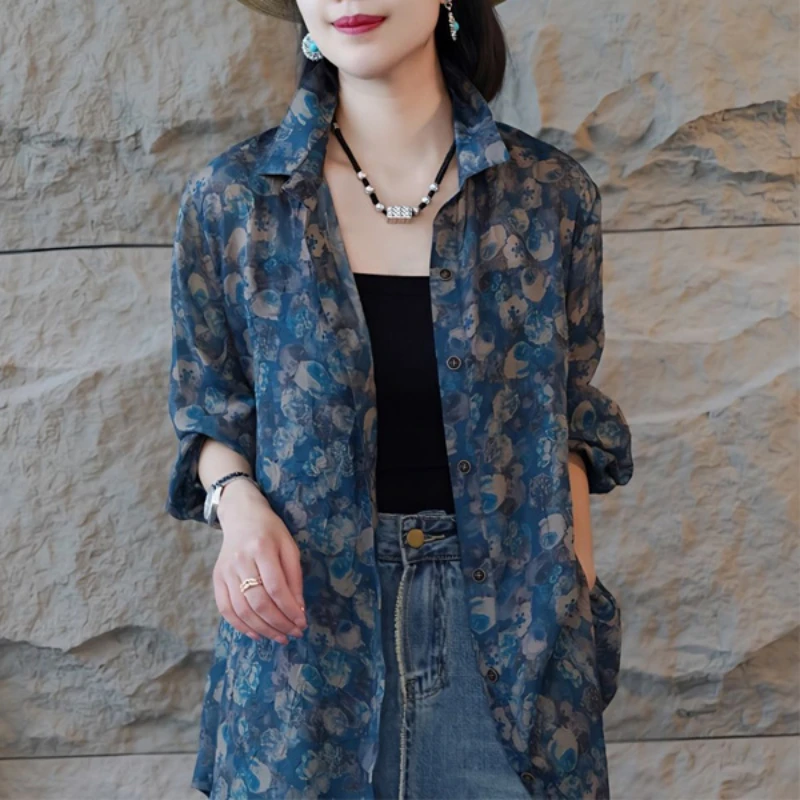 

Long Sleeve Shirts for Women Spring Summer Midi Blouse Bohemian Lapel Floral Button Printing Casual Stylish Elegant Tops