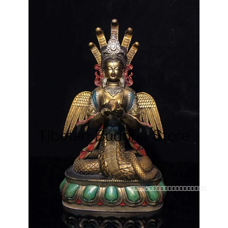 

25 см тибетская Чистая медь, Старая латунь, ручная роспись и золотая статуя Будды тантрической секты дракона дерева Бодхисаттвы