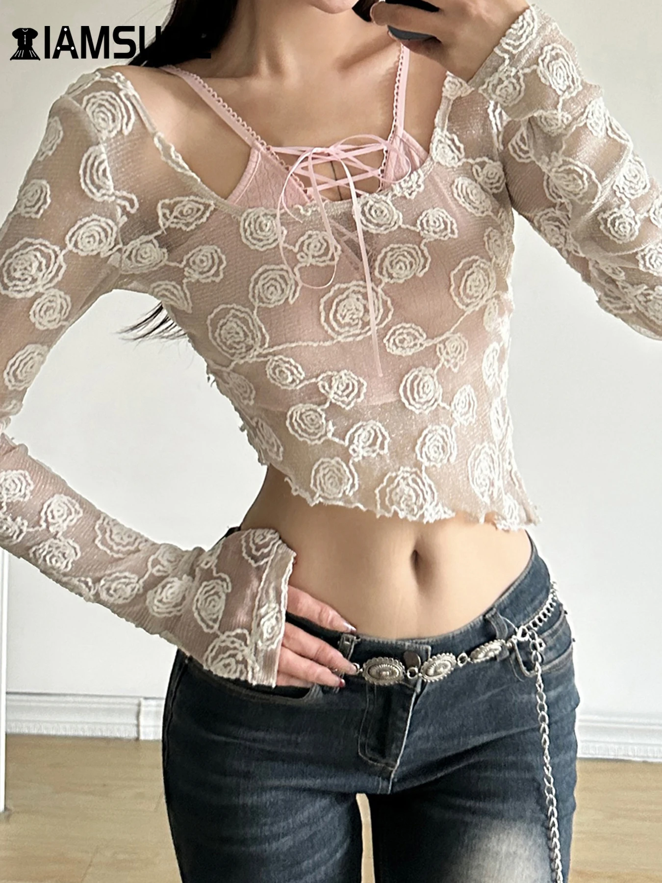 

IAMSURE Sweet Patchwork Bandage T Shirt Fake 2 Piece See Through Sexy Slim Square Collar Long Sleeve Tees Women 2024 Summer Lady