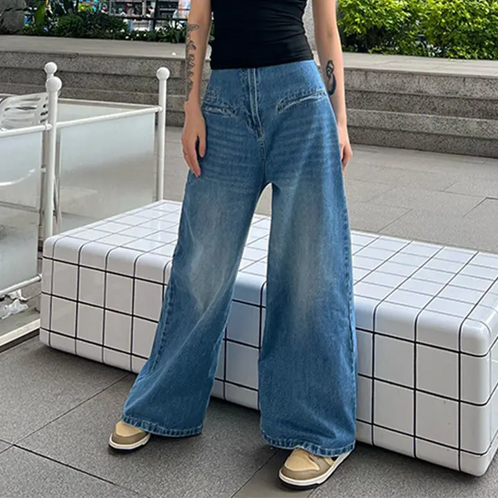 

Womens Jeans High Waisted Boyfriend Baggy Loose Wide Straight Leg Casual Blue Denim Pant @ harajuku streetwear y2k korean cloth