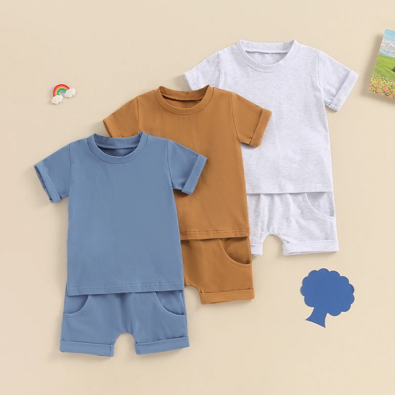 

Toddler Boys Summer Outfits Solid Color Rolled Hem Short Sleeve T-Shirts Tops Elastic Waist Shorts 2 Pieces Clothes Set