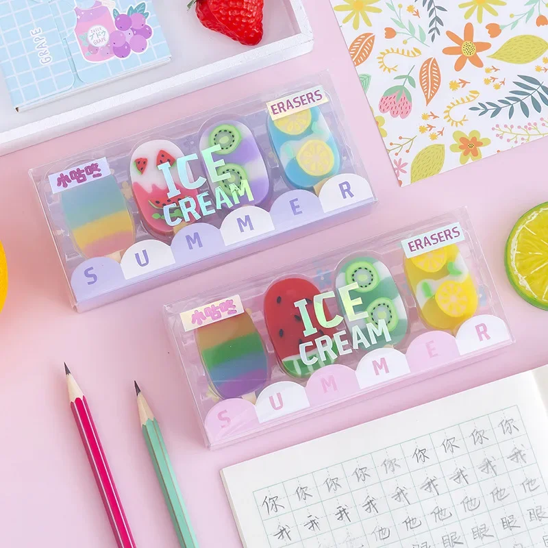 

4 Pcs/set Kawaii Erasers School Supplies Stationery Novelty Summer Ice Cream Rubber Eraser Kids Students Cool Prizes