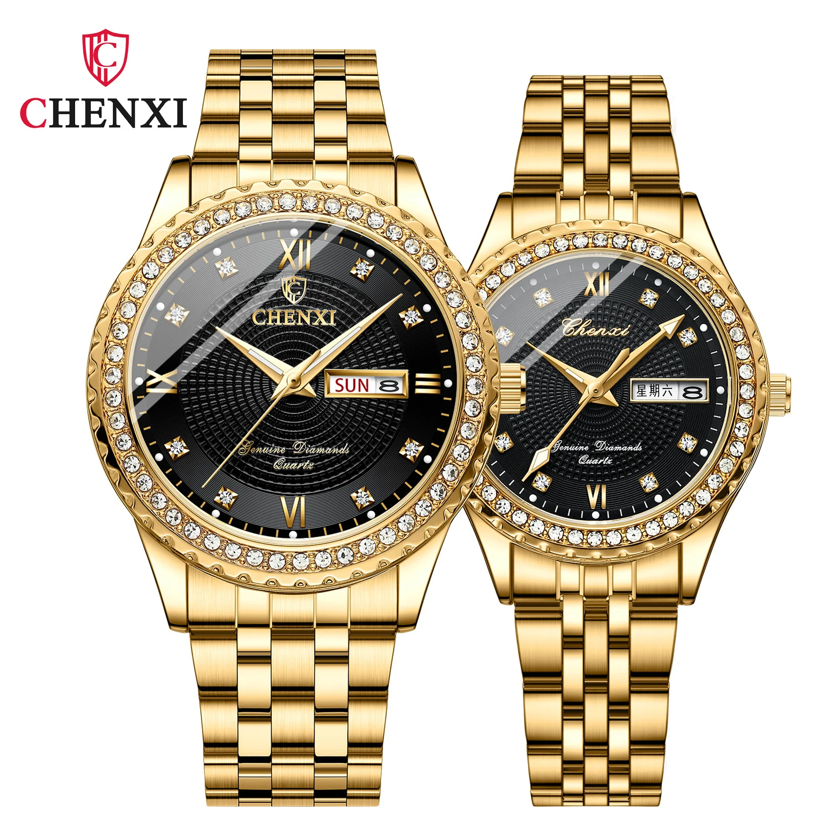 

Chenxi 8215 Couple Double Calendar Glow Gold Diamond Steel Band Quartz Watch Wristwatch Mens Clock Women