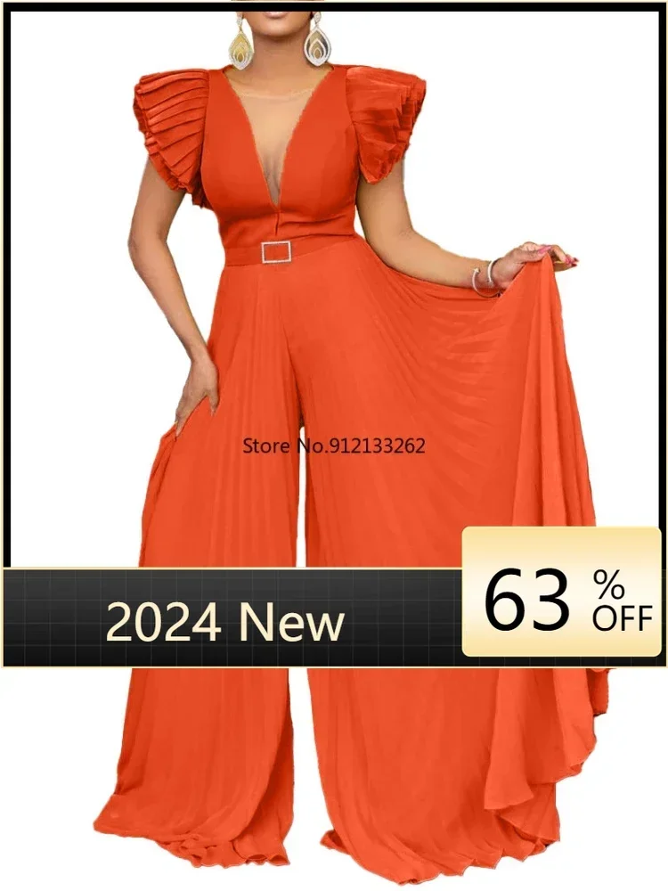 

Elegant Mesh Patchwork Pleated Wide Leg High Waist V-neck Flare Sleeve Women Jumpsuit 2024 Summer Party Playsuit Overall