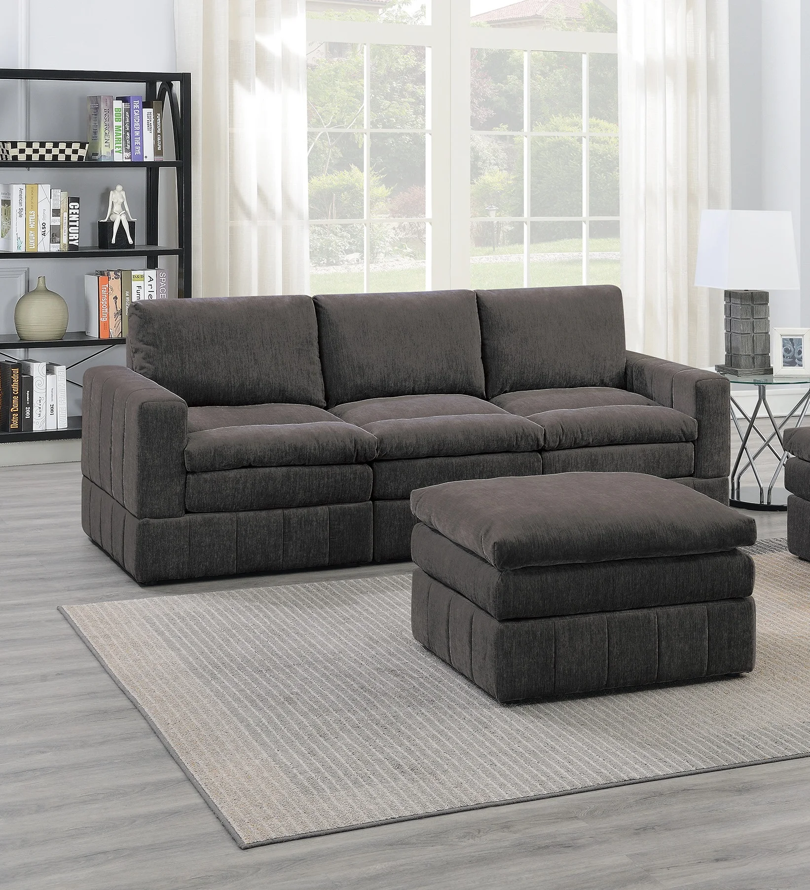 

Contemporary 5pc Set Modular Sofa Set 2x One Arm Chair / Wedge 2x Armless Chairs 1x Ottoman Mink Morgan Fabric Plush Living Room