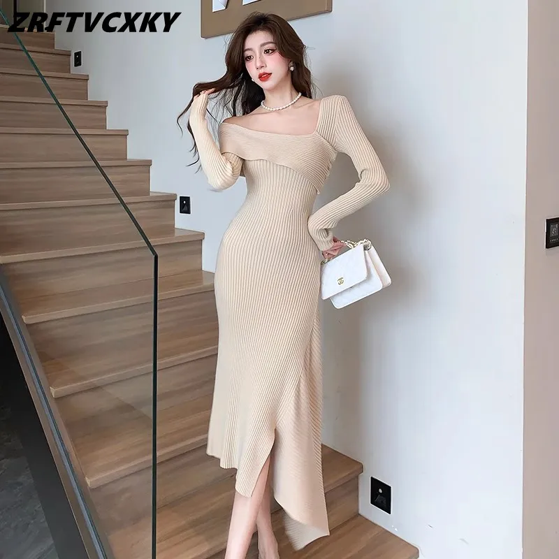 Chic Diagonal Collar Women Knitting Dresses Autumn Winter Fashion Off Shoulder Slim Designer Irregular Splits Dress Female
Chic Diagonal Collar Women Knitting Dresses Autumn Winter Fashion Off Shoulder Slim Designer Irregular Splits Dress Female