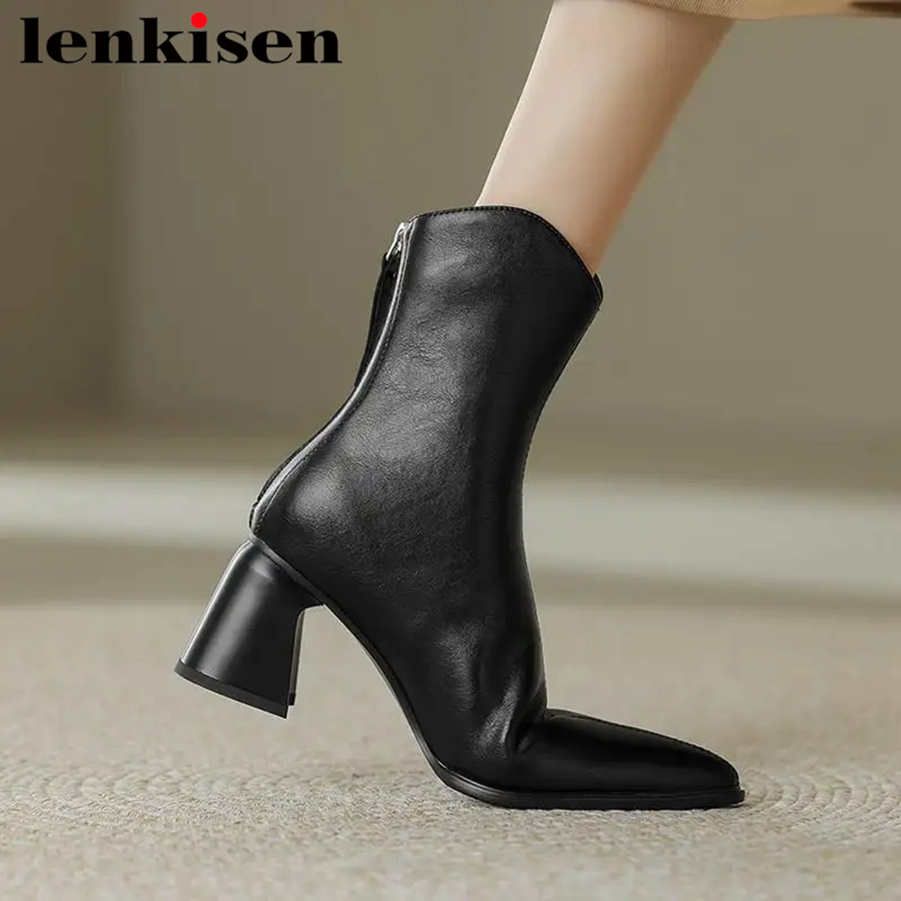 

Lenkisen 2024 Cow Leather Zipper Pointed Toe High Heels Winter Modern Boots Elegant Vintage Warm Mature Office Lady Ankle Boots