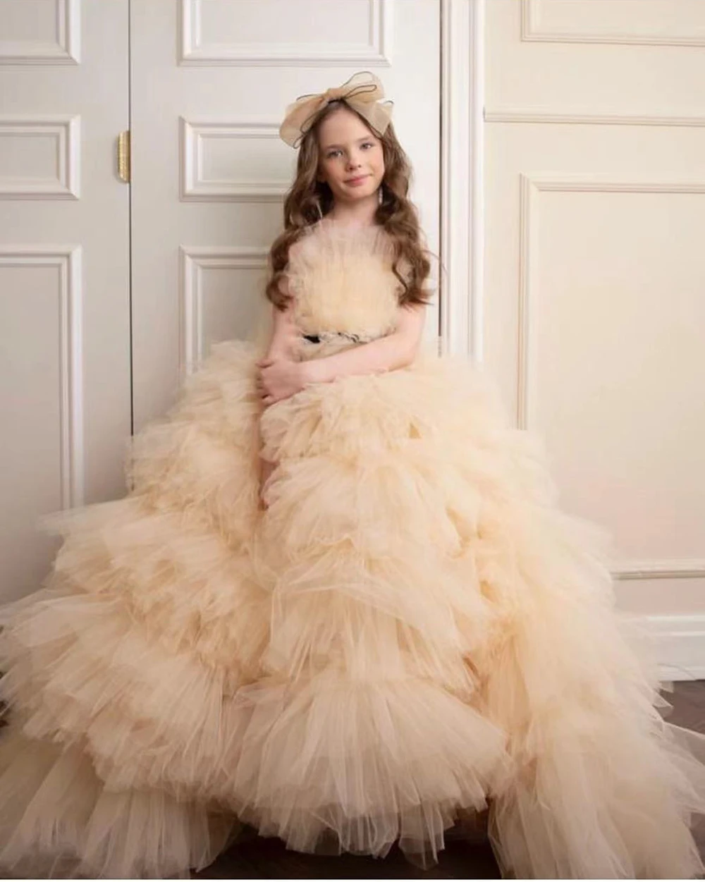 

Champagne Flower Girl Dress Tulle Fluffy Sleeveless Floor Length Kids First Communion Ball Gown Wedding Party Bridesmaid Dresses