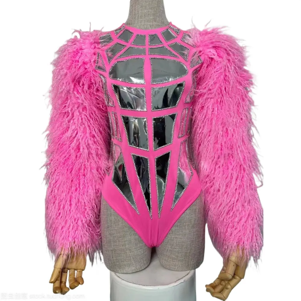 

Fur Sleeve Laser Bodysuit Bar Nightclub Gogo Dance Costume Women DJ Singer Dancer Performance Stage Wear Drag Queen Rave Outfits