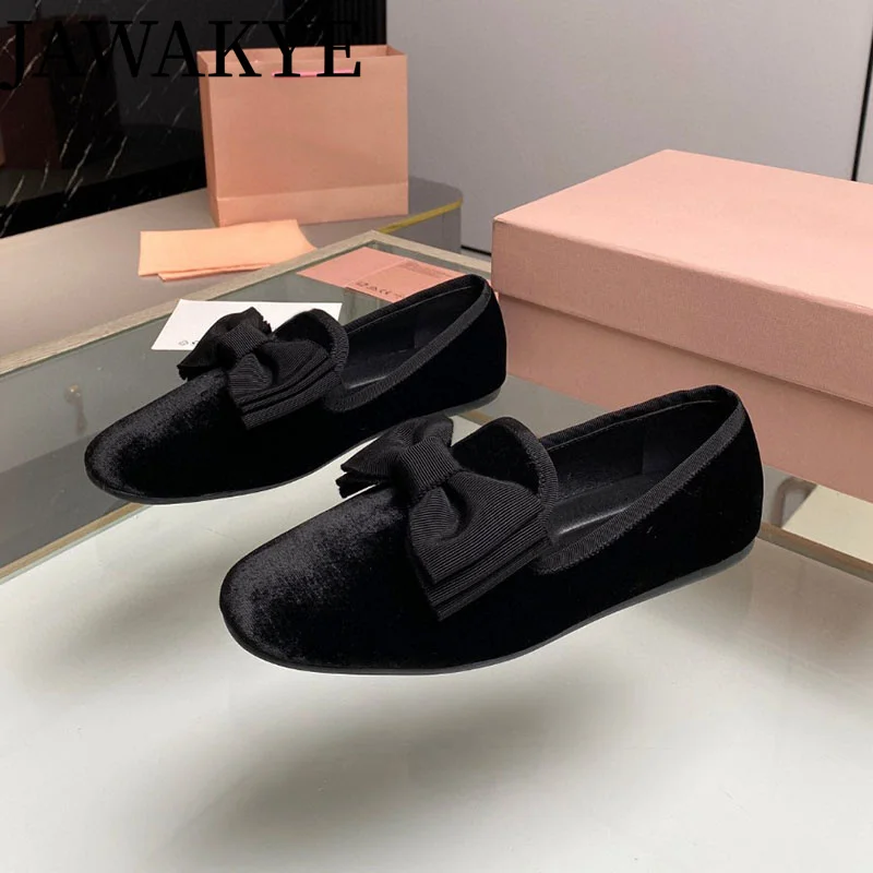 

JAWAKYE Velvet Flat Shoes Round Toe Slip on Black Mules Ladies Loafers Bowknot Decor 2024 Spring Walking Women's Flat shoes