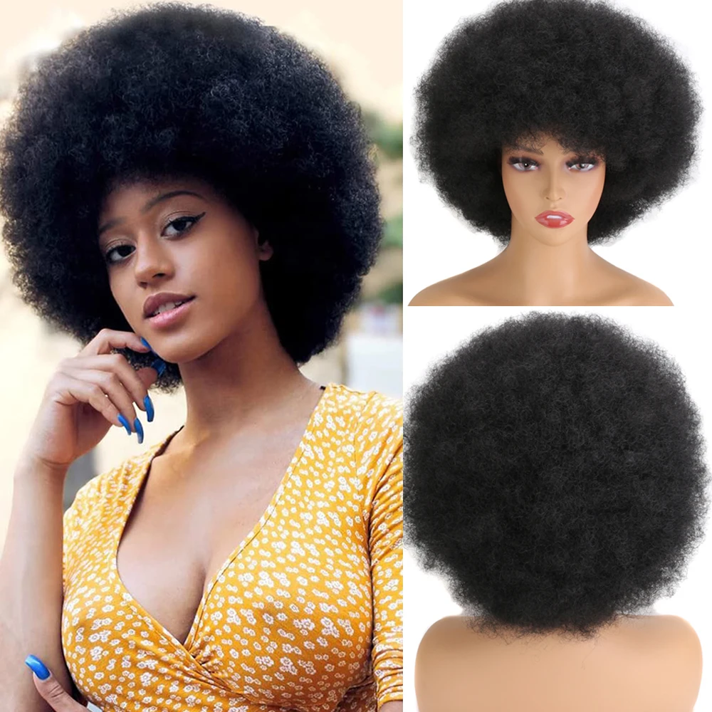 

70's Afro Wigs for Black Women Short Afro Kinky Curly Wig Female Synthetic Hair Blonde Wig With Bang for Party Cosplay Halloween
