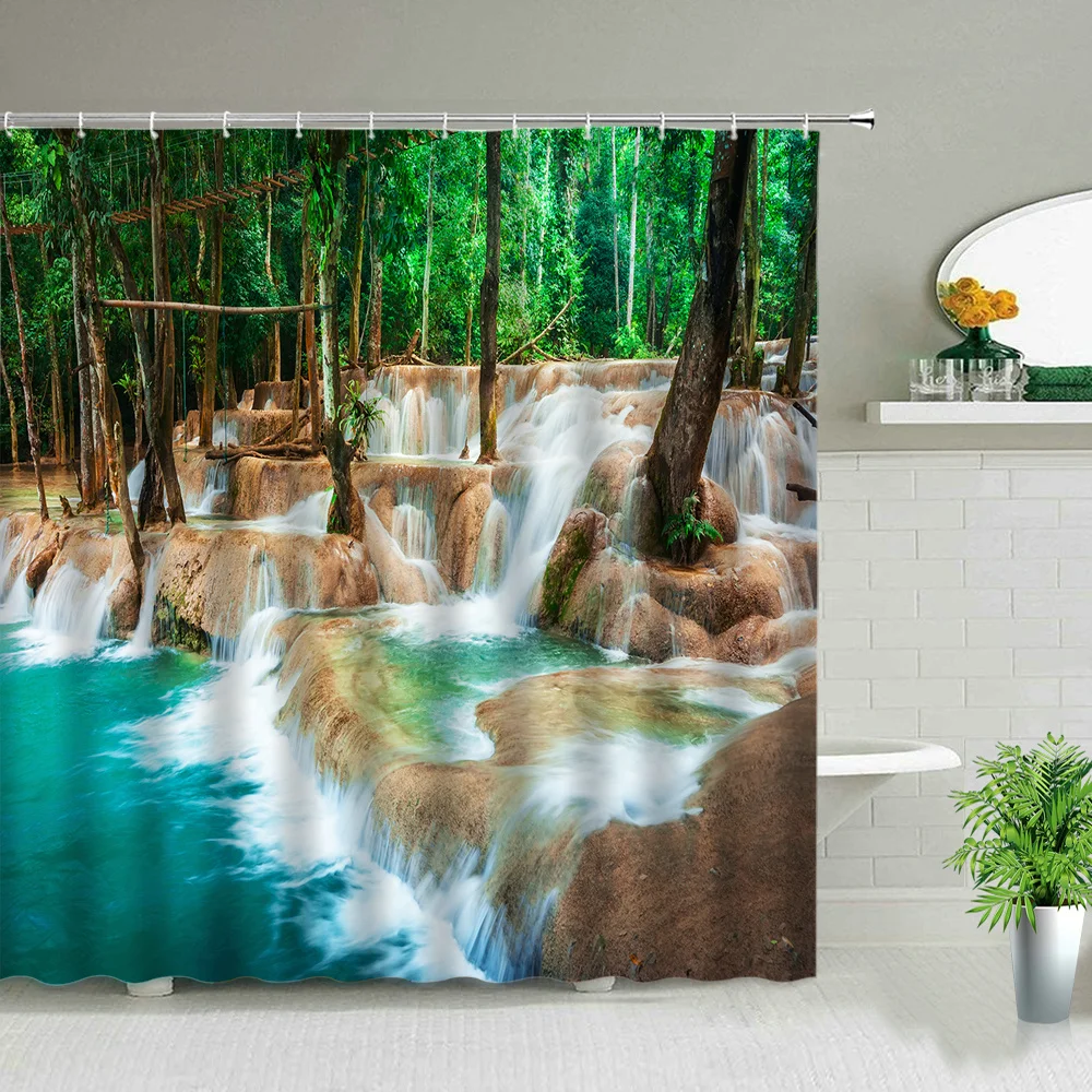 

Tropical Jungle Landscape Shower Curtain Spring Forest Waterfall Plants Nature Scenery Bathroom Decor with Hooks Bath Curtains