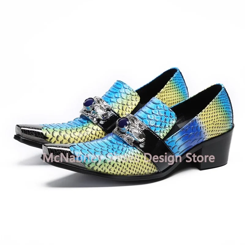 

Mixed Color Snakeskin Pattern Metal Square Toe Men's Leisure Shoes Fashion Gem Decor Shallow Slip-On Male Loafers Dress Oxfords