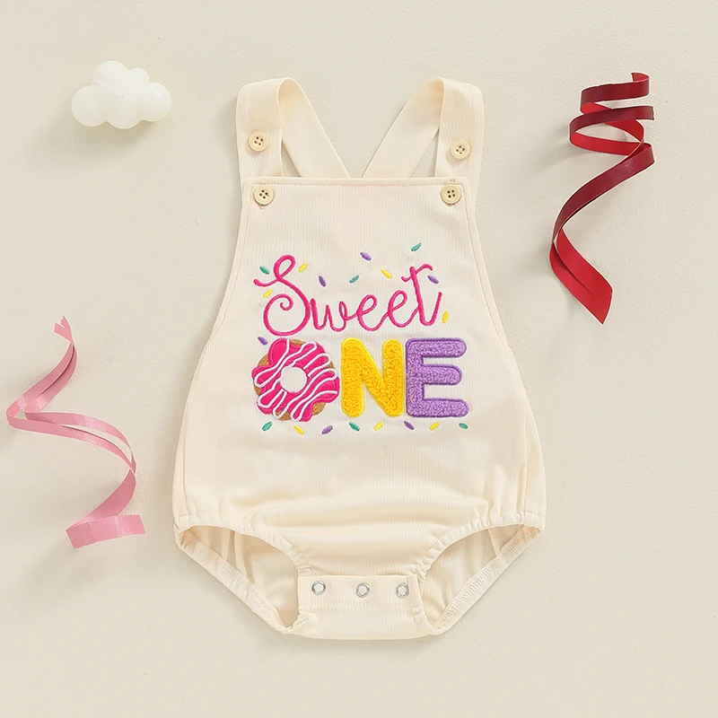 

Suefunskry Baby Girl Boy Birthday Overalls Casual Letter Embroidery Square Neck Sleeveless Suspender Romper Toddler Jumpsuit