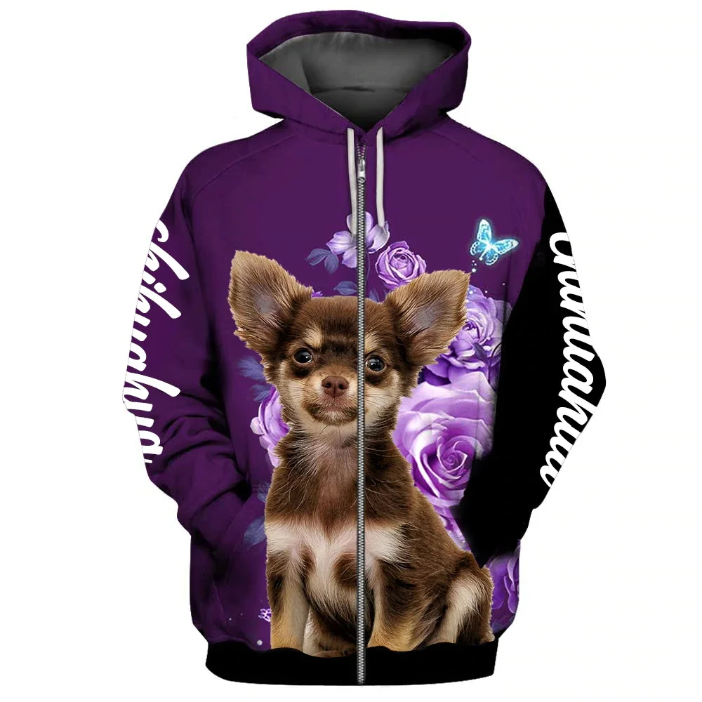 

HX Chihuahua Puppy Zip Hoodies Animals Dogs Make Life Whole Hoodie Women Floral Graphic Tops Harajuku Sportswear