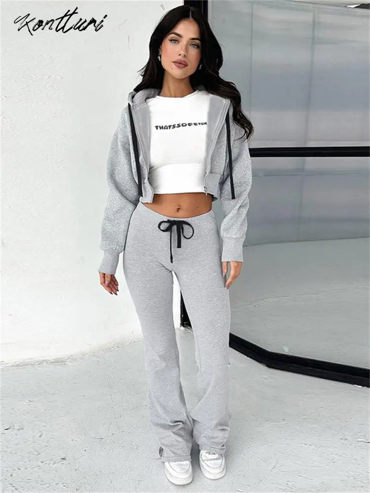 

Kontturi Winter Solid Two 2 Piece Sets Women Outfit Long Sleeve Y2k Zip Up Crop Hoodies Tops Drawstring Gray Pants Matching Sets
