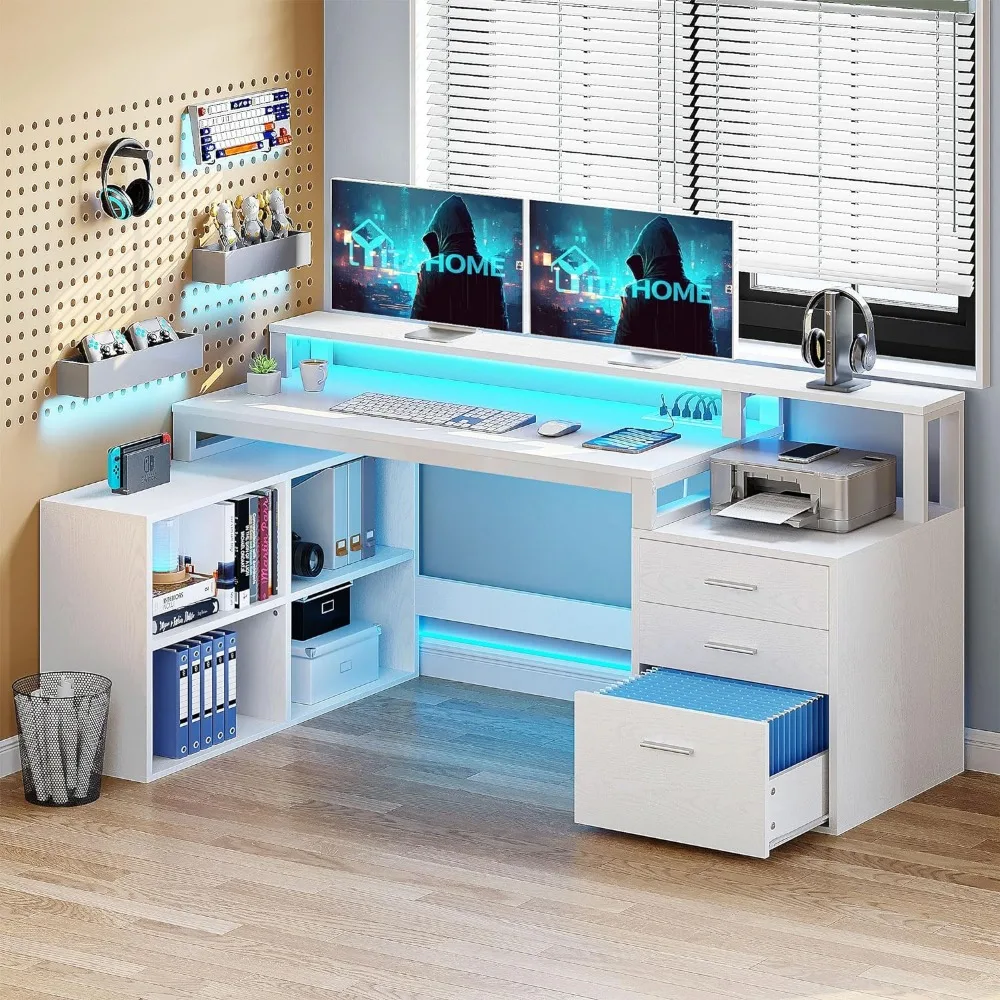 

L Shaped Desk with Power Outlets LED Lights File Cabinet,65" Computer Desks Corner with 3 Drawers and 4 Storage Shelves,White
