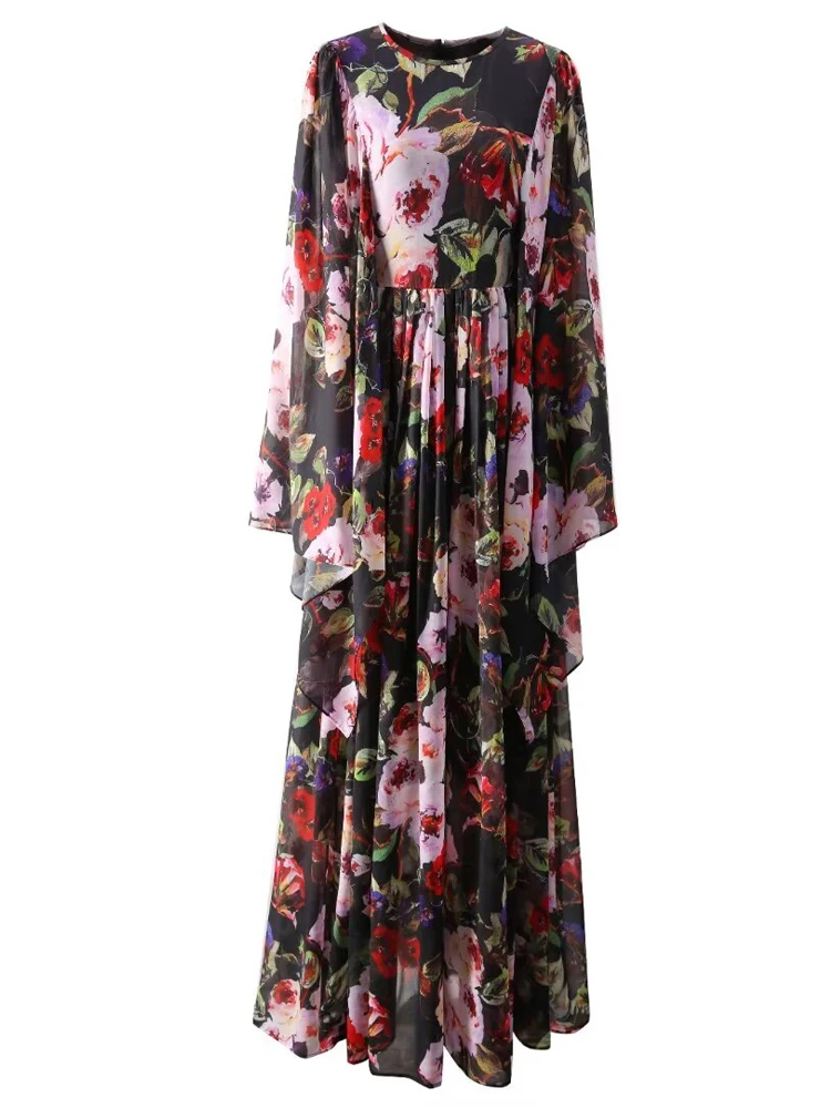 

SEQINYY Elegant Long Dress Summer Spring New Fashion Design Women Runway High Street Flare Sleeve Vintage Pink Flower Print