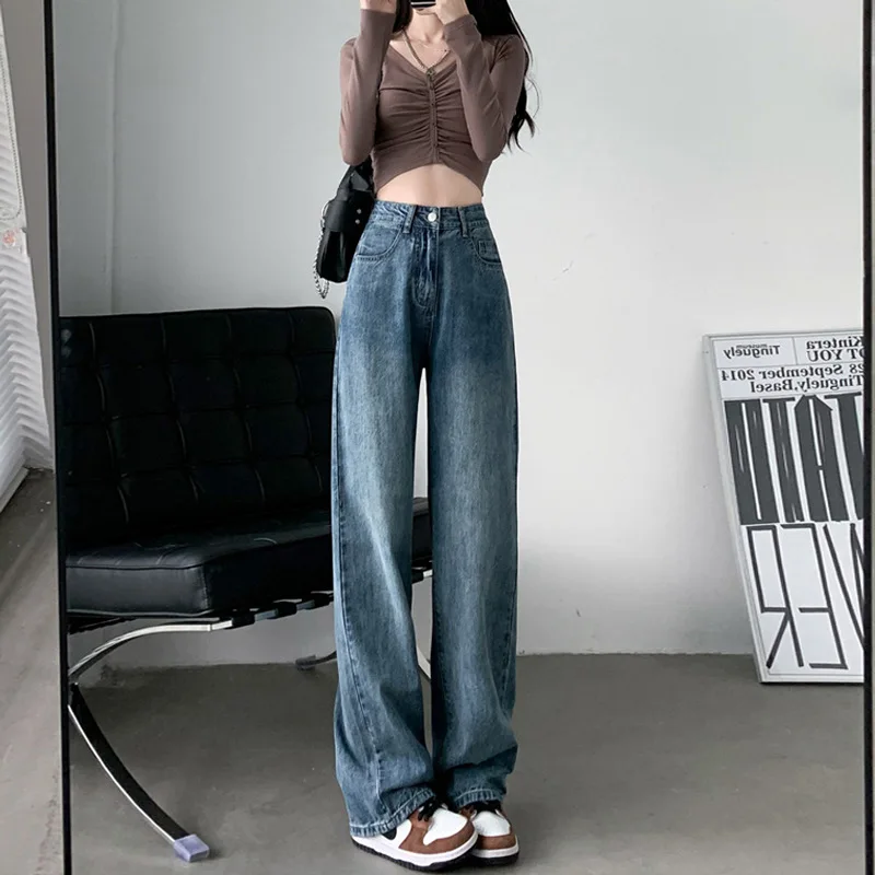 

Draped Sense of Wide Legged Jeans Female Autumn and Winter High Waisted Loose Straight Thin Big Yards Trailing Long Trousers