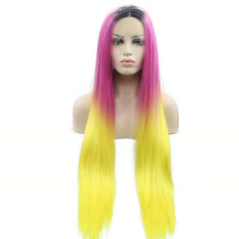 

Sylvia Pink Yellow Lace Front Wig with Dark Roots Long Ombre Color Synthetic Wigs for Women Heat Resistant Fiber Hair Drag Queen