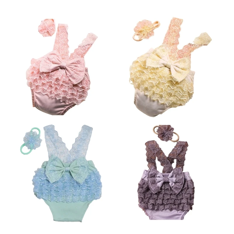 

97BE Photoshooting Props for Baby Shower Gift Newborn Costume Flower Headband Bowknot Lace Romper Dress Photography Clothing