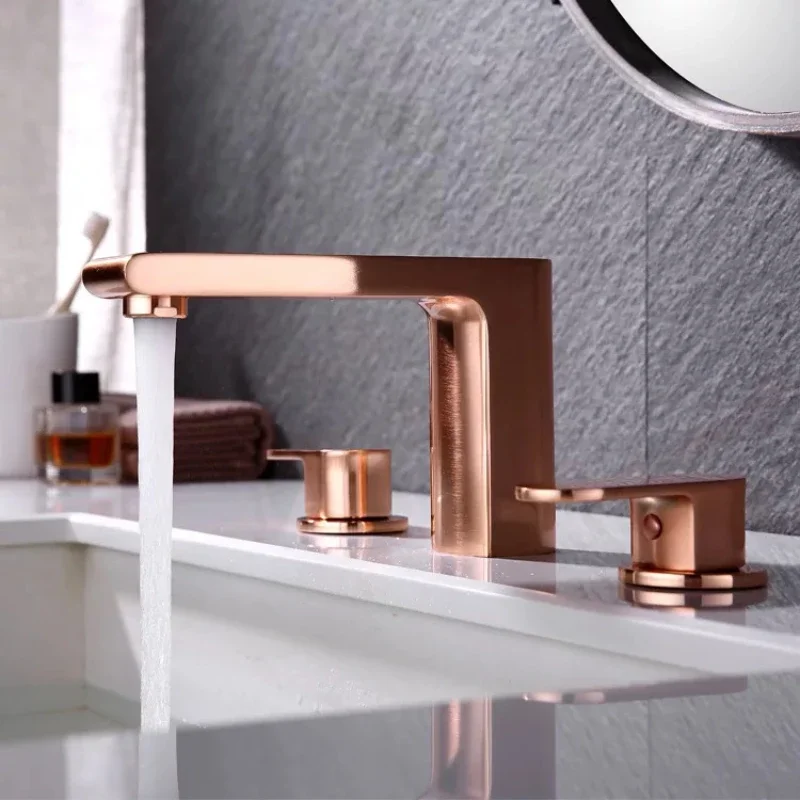 

Luxury Solid brass Brushed Rose gold bathroom sink faucet Three holes two handle cold hot basin mixer faucet top quality faucet