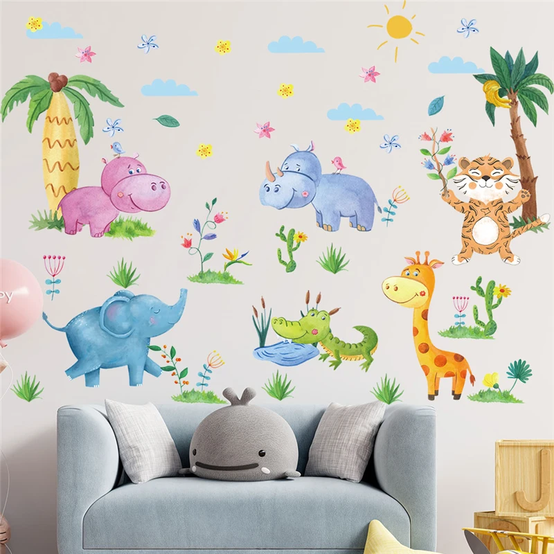 

Cartoon Africa Animals Party Wall Stickers For Home Decoration Elephant Tiger Giraffe Mural Art Diy Kids Room Decals Pvc Posters