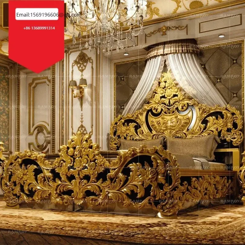 European French high-end double villa bedroom gold foil king full solid wood carved Court Bed
European French high-end double villa bedroom gold foil king full solid wood carved Court Bed