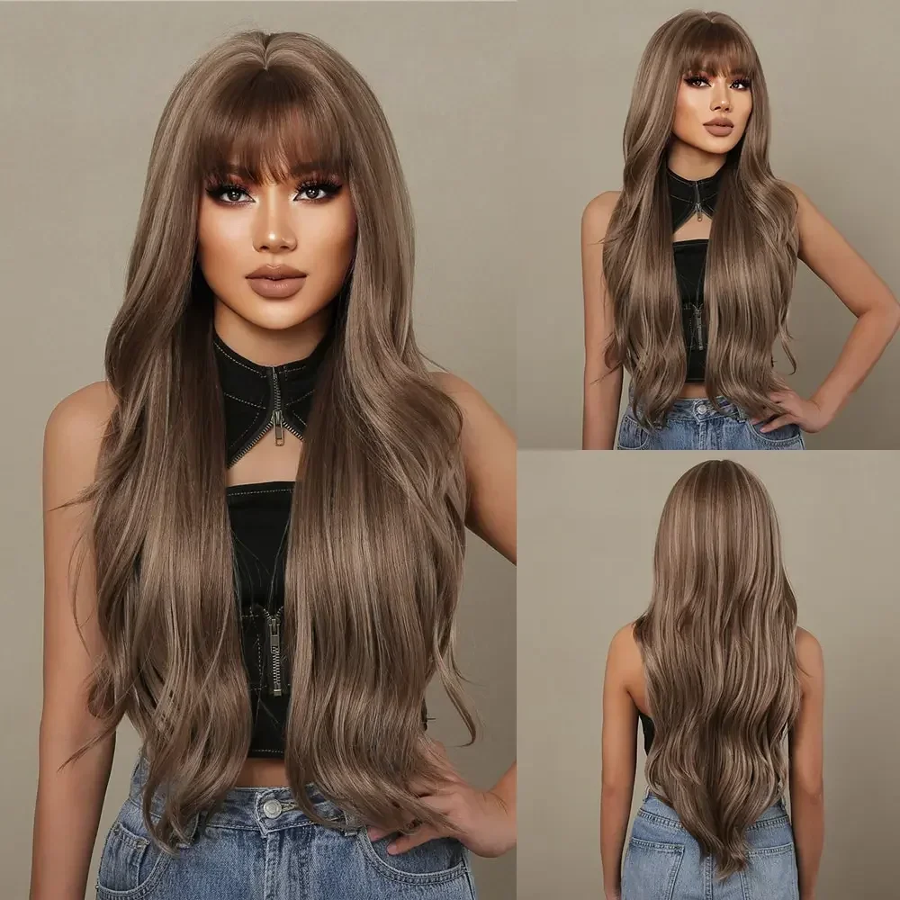 

Hair Wigs for Women Brown Mixed Blonde Synthetic Wigs with Bang Long Natural Wavy Hair Daily Cosplay Use Heat Resistant