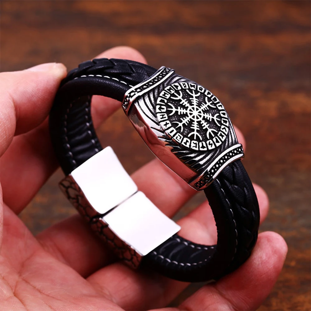 

Vintage Compass Vegvisir Viking Bracelet Stainless Steel Men Leather Cord Norse Odin Viking Rune Bracelet Amulet Jewelry Gift