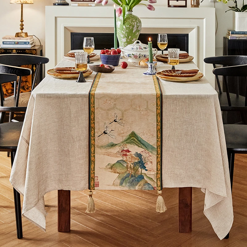 

Chinese Classical Tablerunner Landscape Crane Retro Dining Tablecloth Cabinet Cover Cloth Home Decor Hand-painted Table Runner