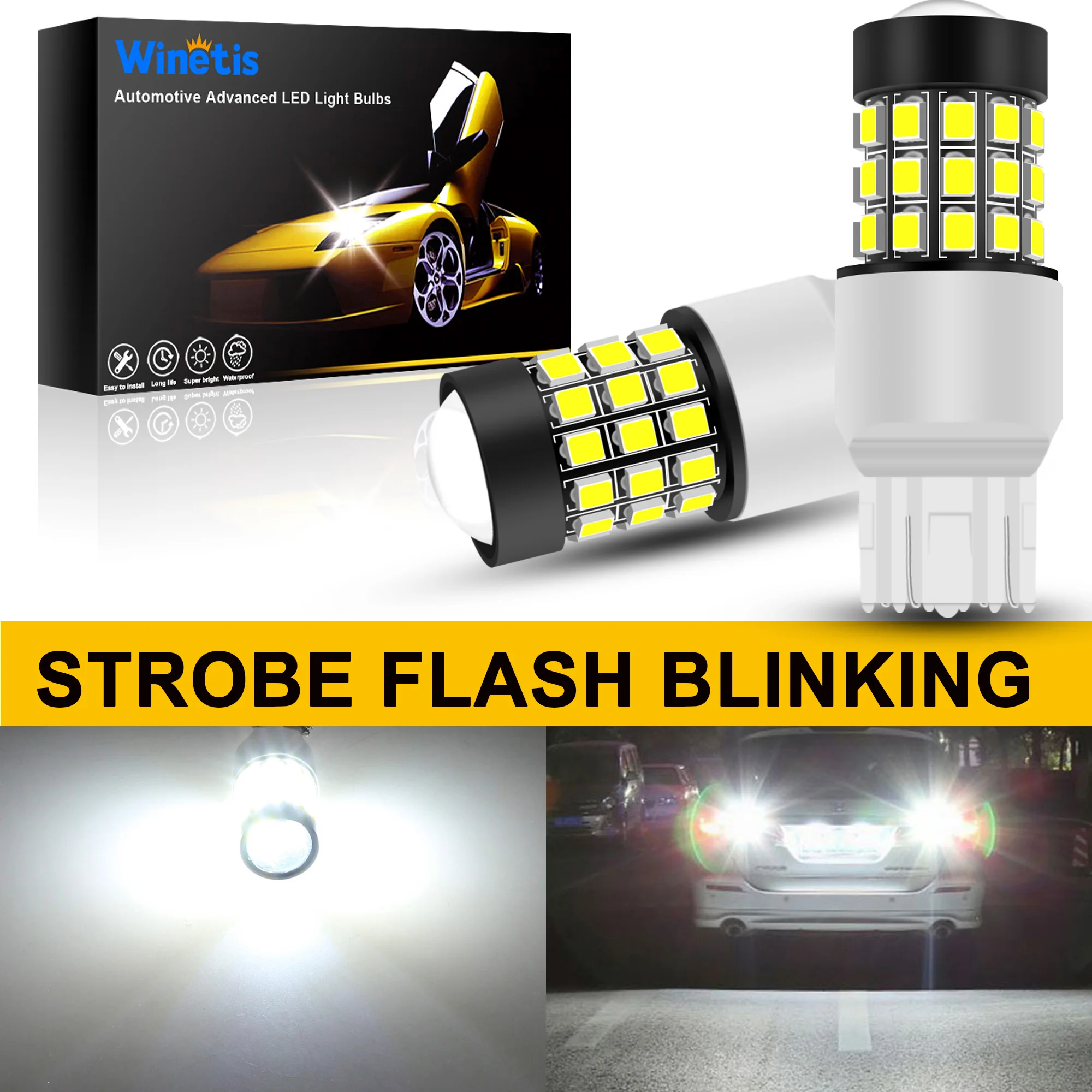 

Winetis 2X T20 7443 7440 LED Strobe Flashing Brake Lights Bulbs, 6000K Xenon White 2835 SMD 12V Blinking Reverse Backup Lights