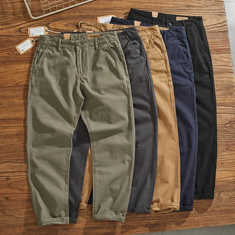 

1161# Autumn New American Retro Woven Twill Cargo Pants Men's Simple 100% Cotton Washed Casual Chino Straight Tapered Trousers