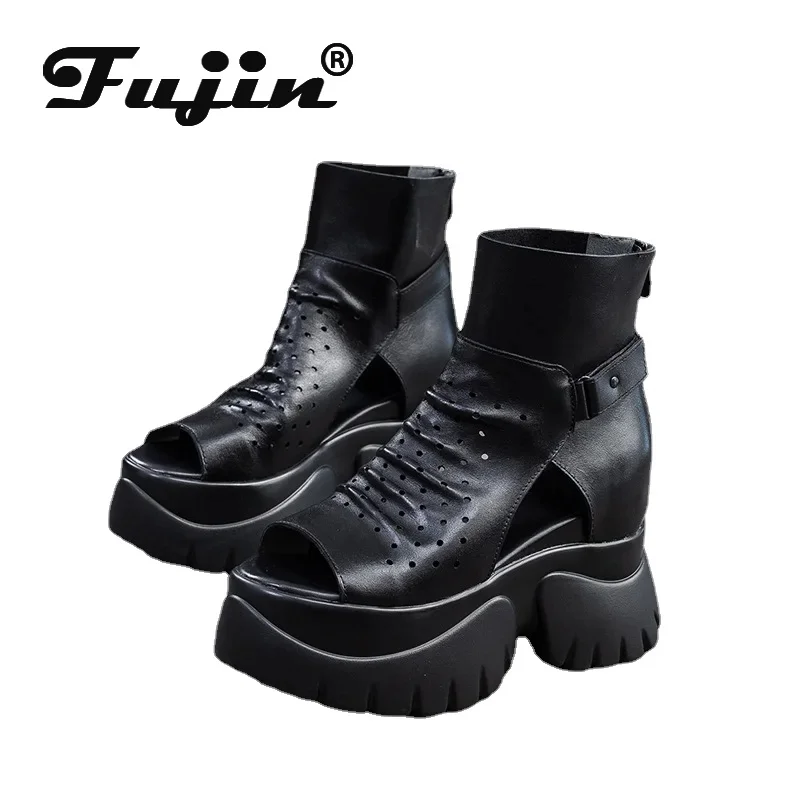 

Fujin 5.5cm Peep Toe Motorcycle Moccasins Fashion Women Summer Sandals Hollow Shoes Genuine Leather Boots Chimney Ankle Booties