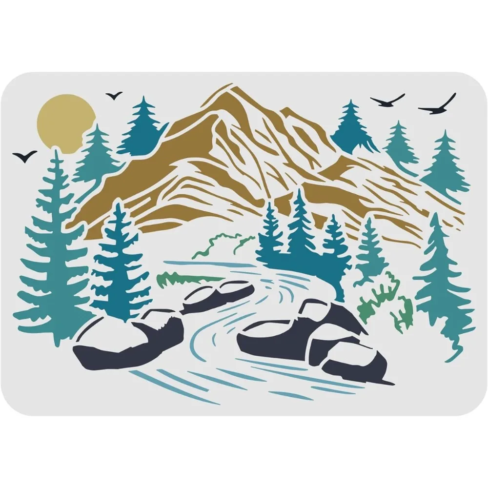 Mountains View Stencils 11.7x8.3 inch Plastic Valley Pine Tree Drawing Painting Stencils River Sun Birds Wall Stencils Reusable
Mountains View Stencils 11.7x8.3 inch Plastic Valley Pine Tree Drawing Painting Stencils River Sun Birds Wall Stencils Reusable