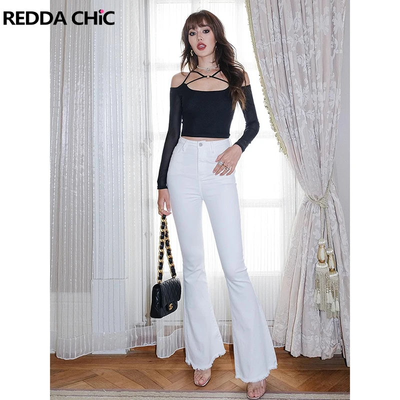 

Женские узкие джинсы стрейч ReddaChic, белые расклешенные джинсы с высокой посадкой, облегающие потертые брюки-ботинки, Корейская уличная одежда