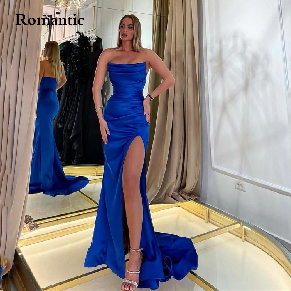 

Romantic Royal Blue Satin Evening Dress A Line Side High Silt Strapless Long Prom Gowns Party Dress For Women Vestido de festa