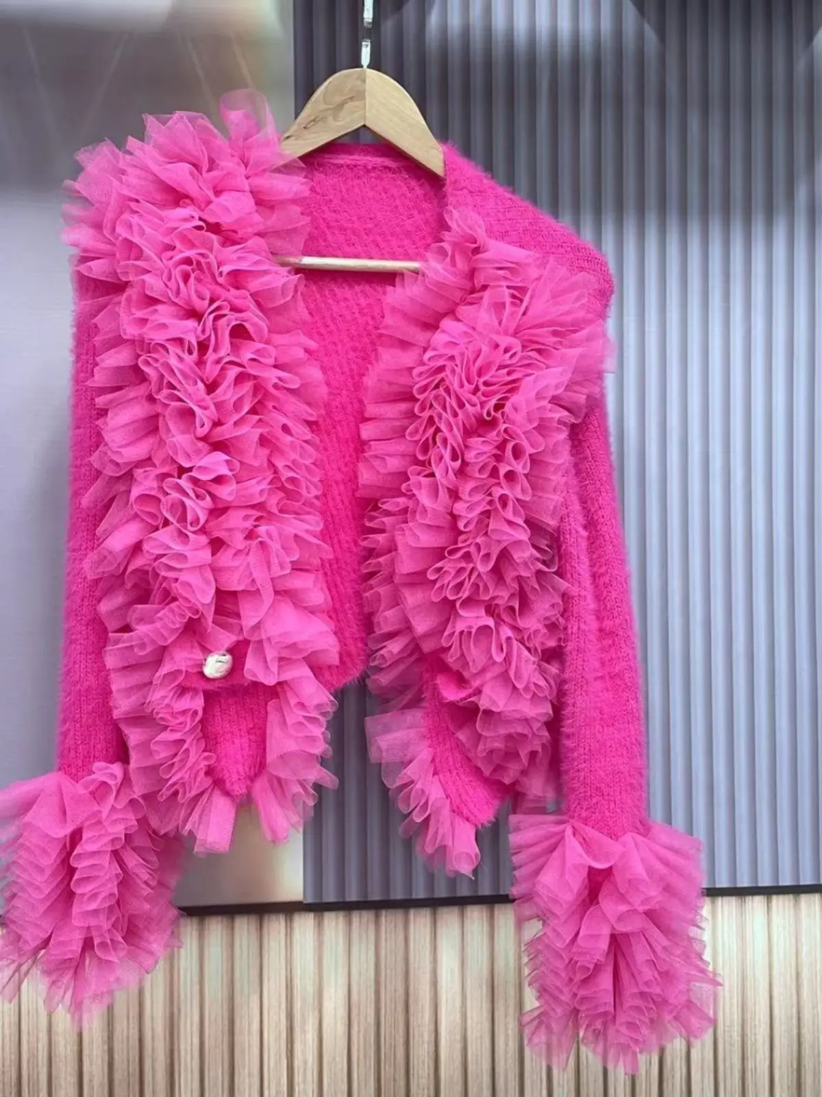 

Original Design Cute Mesh Ruffles Women Sweater Top All-match Elegant Fairy Cardigans Coat Pink Long Sleeve Knitted Short Coats