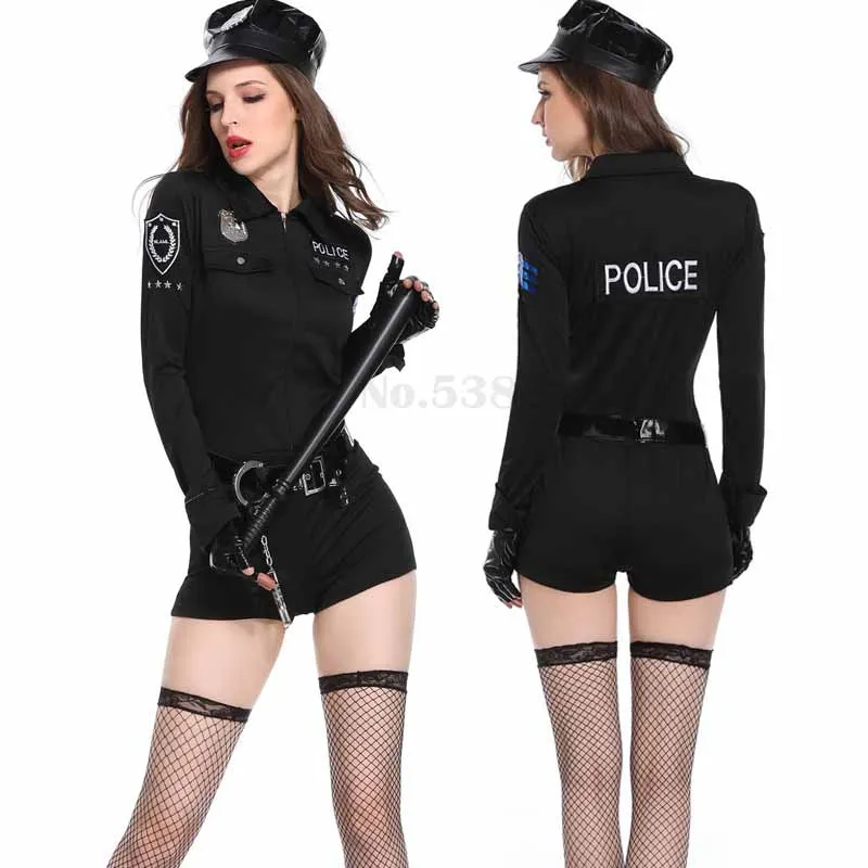 

Female Officer Cosplay Costume Women Sexy Police Uniform Halloween Clubwear Zipper Erotic Bodysuit Fancy Party Dress Clothing