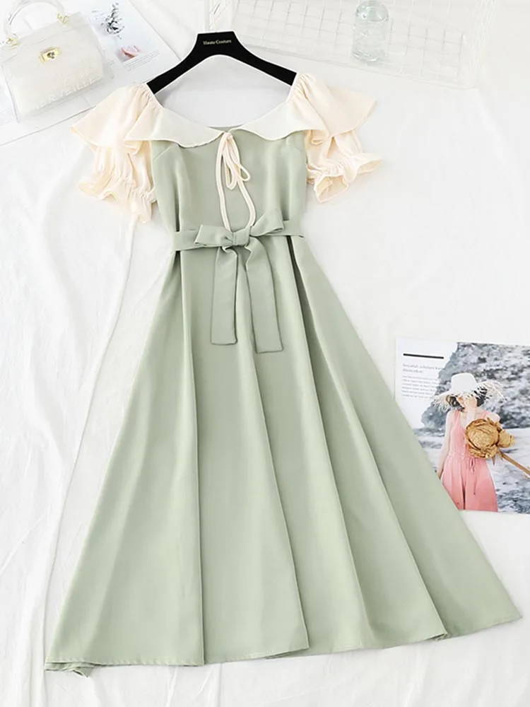 

Elegant Bandage Solid color Party Midi Dress Women 2022 Short Sleeve Ruffle Summer Dress High waist A-line Slash Neck Dresses