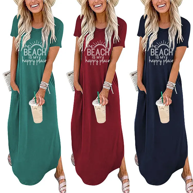 

The Beach Is My Happy Place Printed Casual Round Neck Fashion Women's Long Dress