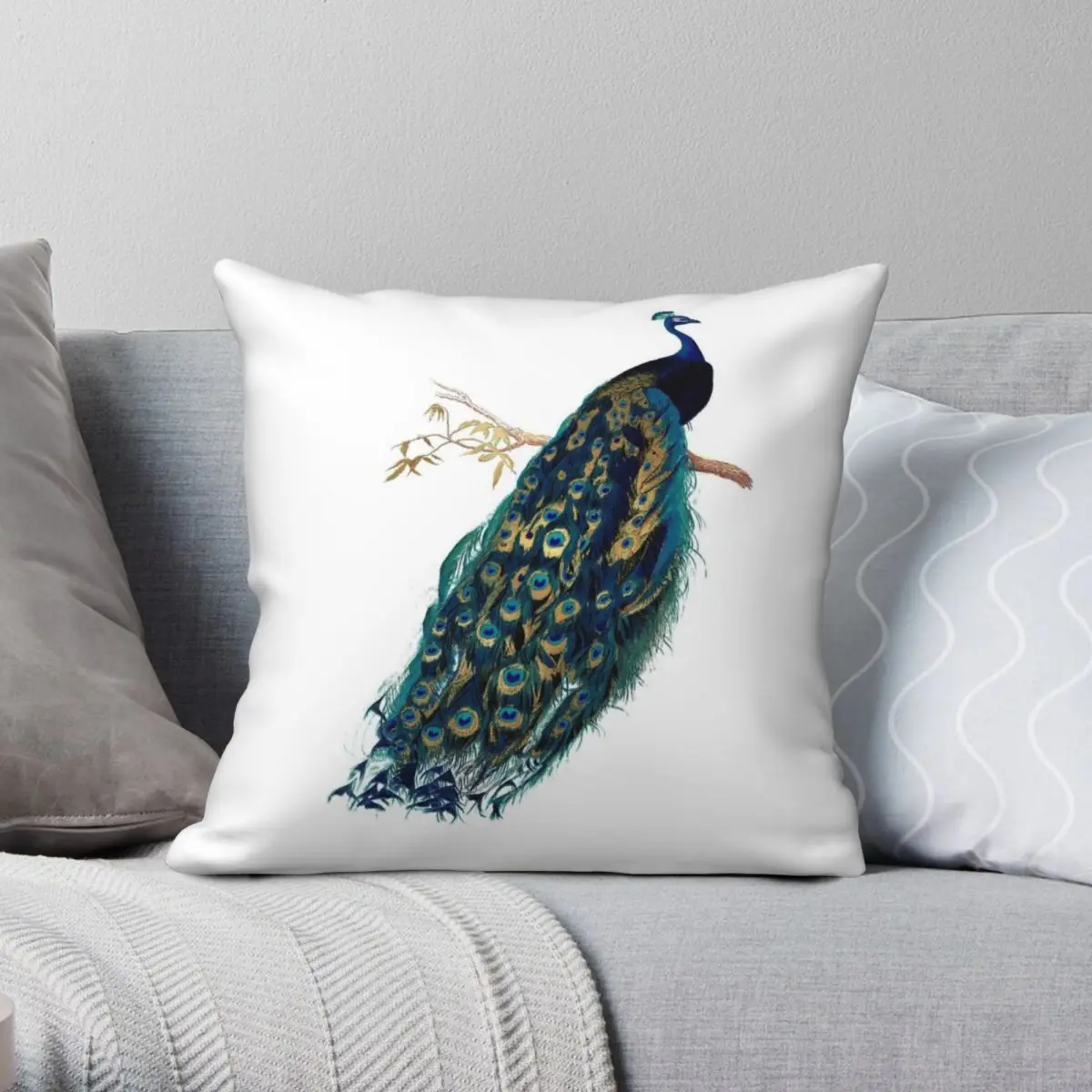 

Vintage Teal Peacock Square Pillowcase Polyester Linen Velvet Printed Zip Decor Pillow Case Car Cushion Case