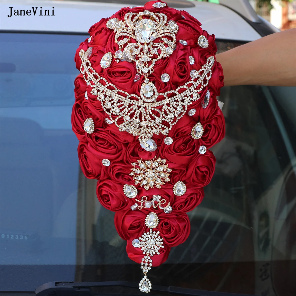 

JaneVini Luxury Rhinestone Burgundy Wedding Flowers Waterfall Bridal Bouquets Artificial Satin Roses Cascading Bouquet for Bride