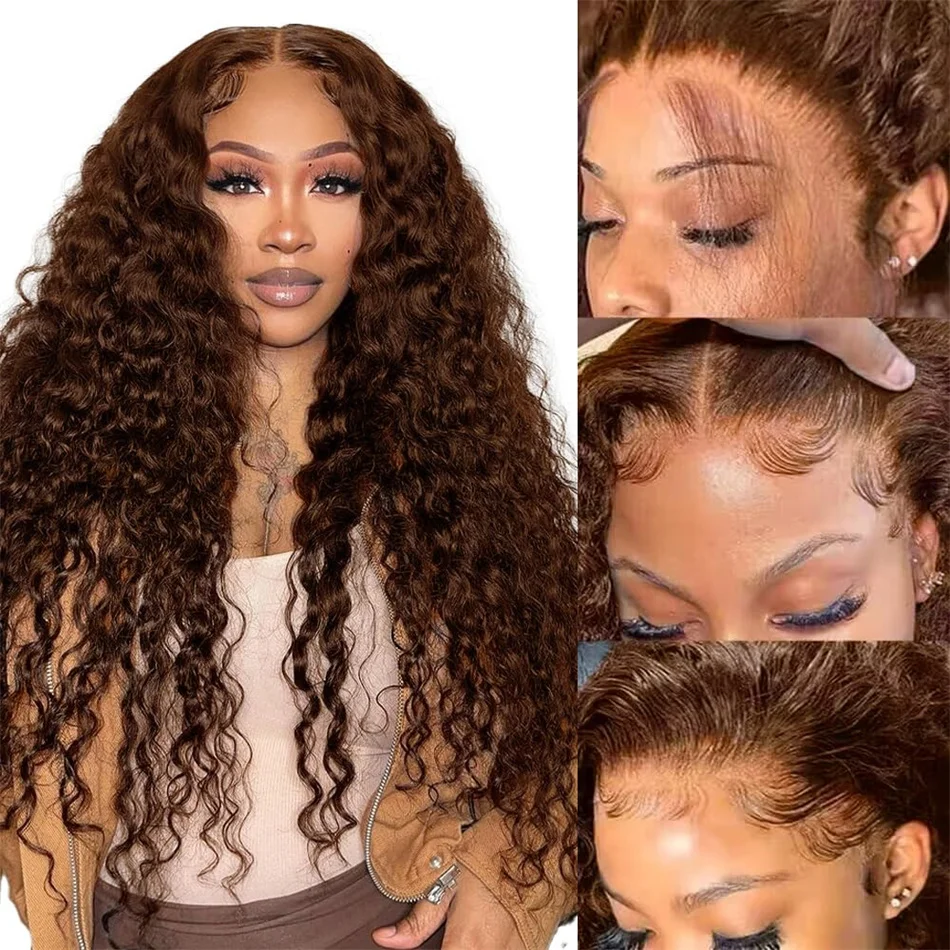 

13x4 Deep Curly Chocolate Brown Lace Front Human Hair Wigs For Women Pre Plucked Colored Water Wave HD Lace Frontal Wig Glueless