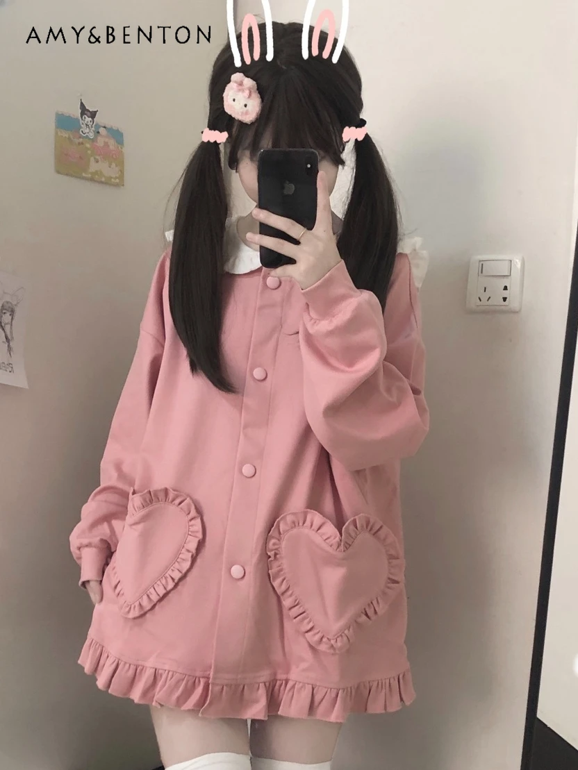 

Spring New Japanese Kawaii Rabbit Ears Sailor Collar Sweet Pink Jackets for Women Loose All-Match Daily Coat Cute Lolita Jackets