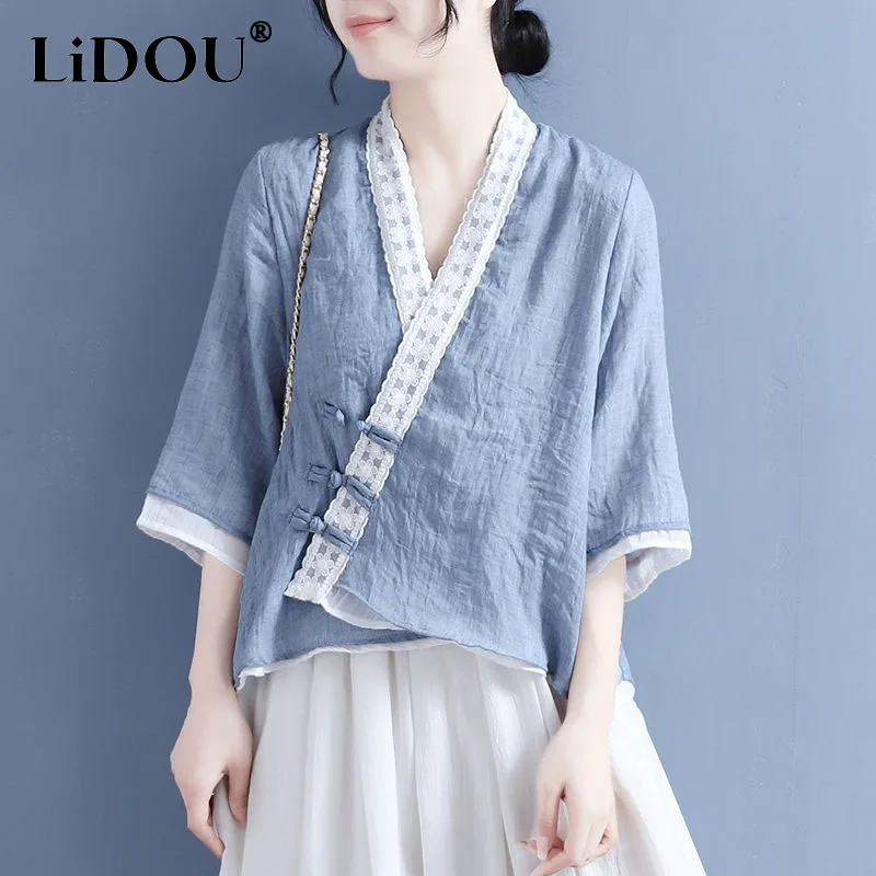 2023 Summer New Chinese Style Women's Clothing Lace Patchwork Skew Collar Button Tops Women Vintage Elegant 3/4 Sleeve T-shirt
2023 Summer New Chinese Style Women's Clothing Lace Patchwork Skew Collar Button Tops Women Vintage Elegant 3/4 Sleeve T-shirt