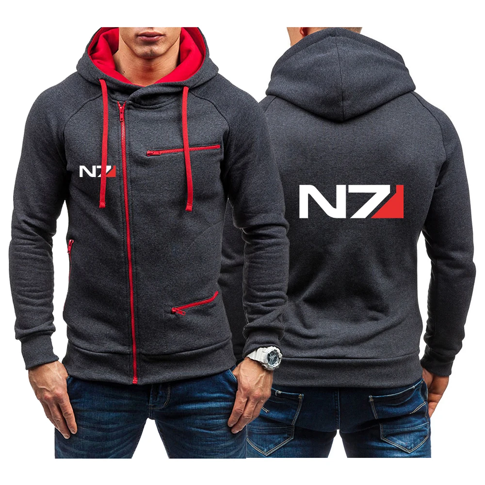 

N7 Mass Effect 2023 Men's New Long Sleeve Fashion Diagonal Zip Hoodies Solid Color Long Sleeve Sweatshirt Slim Fit Pullover Tops